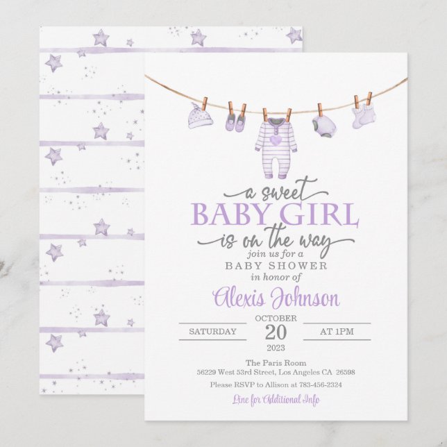 Baby Clothes Baby Shower Invitation - Purple (Front/Back)
