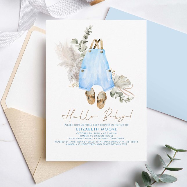 Baby Clothes Blue Sage and Brown Cute Boy Invitation (Blue Green and Beige Cute Baby Boy Baby Shower Invitations)