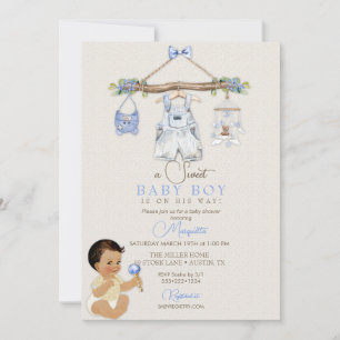 Baby Clothes Boy Baby Shower Ivory Blue Invitation