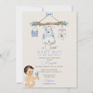 Baby Clothes Boy Baby Shower Ivory Blue Invitation