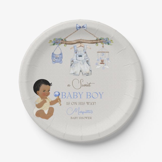Baby Clothes Boy Baby Shower Ivory Blue Paper Plate (Front)