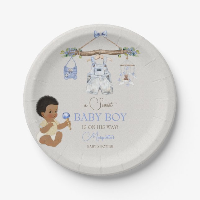 Baby Clothes Boy Baby Shower Ivory Blue Paper Plate (Front)