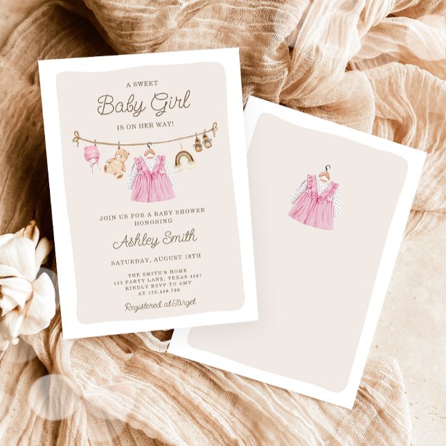 Baby Clothes Clothesline Boho Girl Baby Shower Invitation (Creator Uploaded)