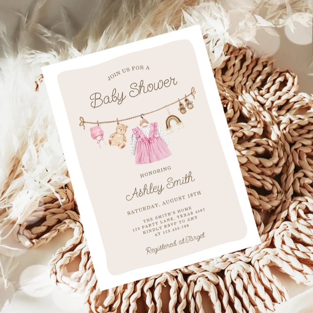Baby Clothes Clothesline Boho Girl Baby Shower Invitation (Creator Uploaded)
