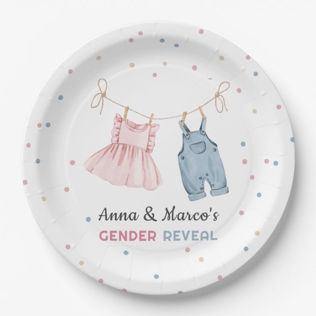 Baby Clothes Gender Reveal Baby Shower Paper Plate (Front)