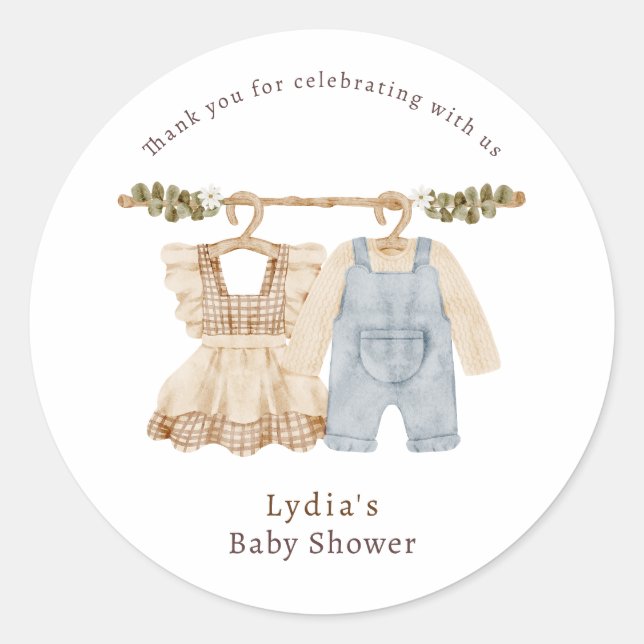 Baby Clothes Gender Reveal, Boho Baby Shower Classic Round Sticker (Front)