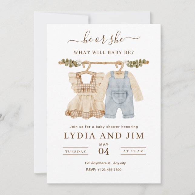 Baby Clothes Gender Reveal Invitation, Boho Baby (Front)