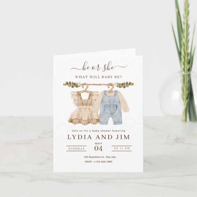 Baby Clothes Gender Reveal Invitation, Boho Baby Invitation (Front)