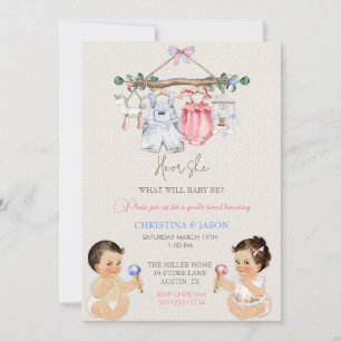 Baby Clothes Gender Reveal Ivory Pink Blue Invitation