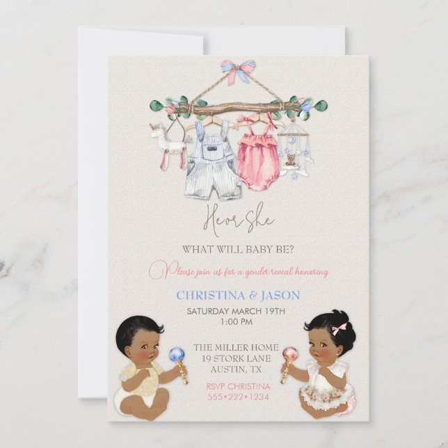 Baby Clothes Gender Reveal Ivory Pink Blue Invitation (Front)
