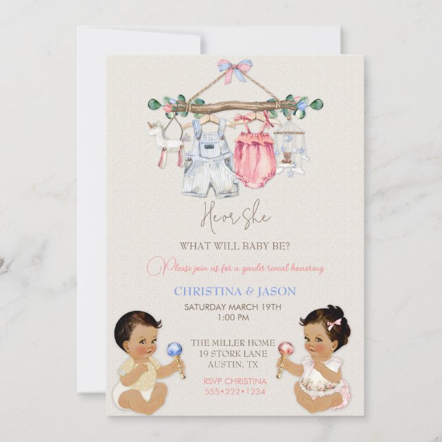 Baby Clothes Gender Reveal Ivory Pink Blue Invitation (Front)