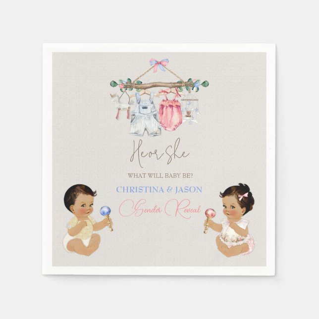 Baby Clothes Gender Reveal Ivory Pink Blue Napkin (Front)