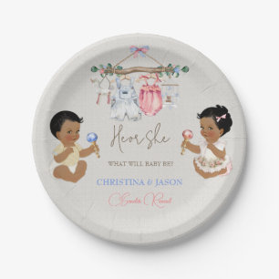 Baby Clothes Gender Reveal Ivory Pink Blue Paper Plate
