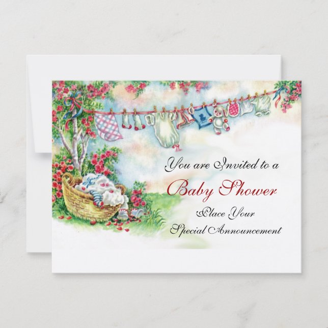 BABY CLOTHES HANGING IN FLOWER GARDEN Baby Shower Invitation (Front)