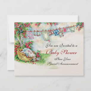 BABY CLOTHES HANGING IN FLOWER GARDEN Baby Shower Invitation