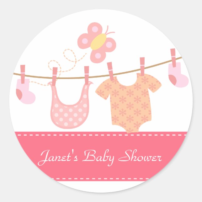 Baby clothes hanging on clothesline with butterfly classic round sticker (Front)