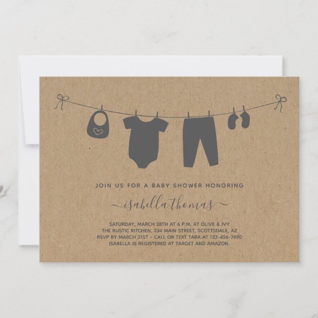 Baby Clothes on Clothesline Baby Shower Invitation (Front)