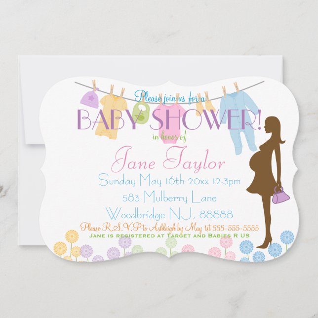 Baby Clothesline and Silhouette Baby Shower Invitation (Front)