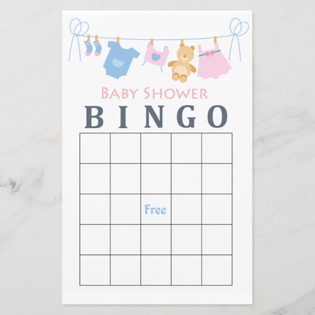 Baby Clothesline baby shower bingo card (Front)