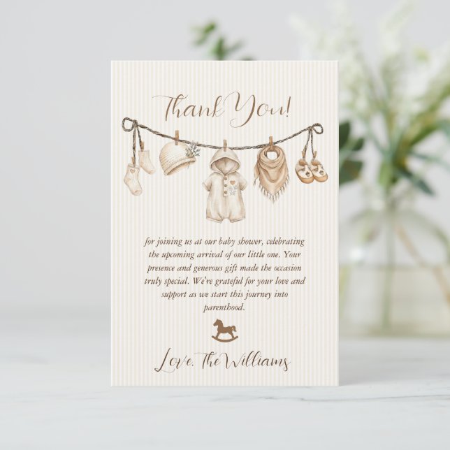 Baby Clothesline Baby Shower Striped Thank You Card (Standing Front)
