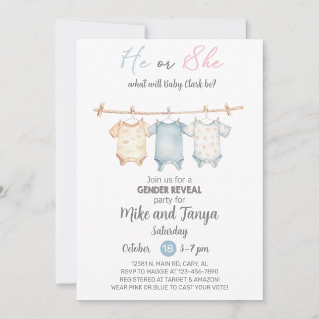 Baby clothesline Gender Reveal invitation, invite. Invitation (Front)