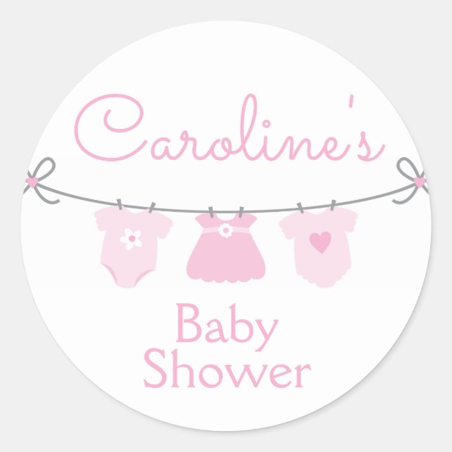 Baby Clothesline Girl Baby Shower Sticker, Pink Classic Round Sticker (Front)