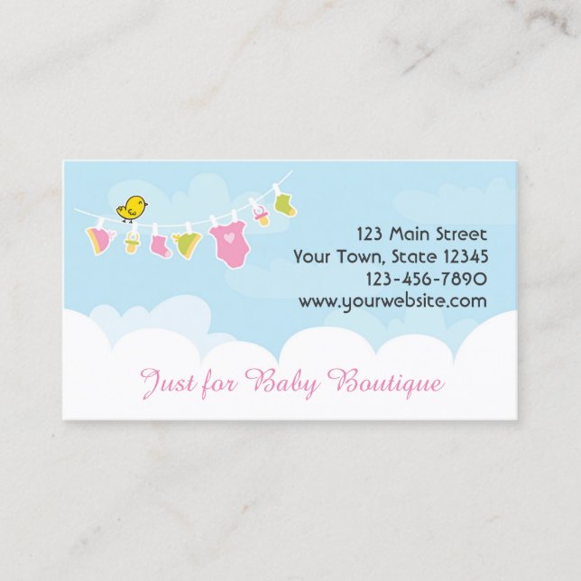 Baby Clothing on Line, Blue Sky, White Clouds Business Card (Front)