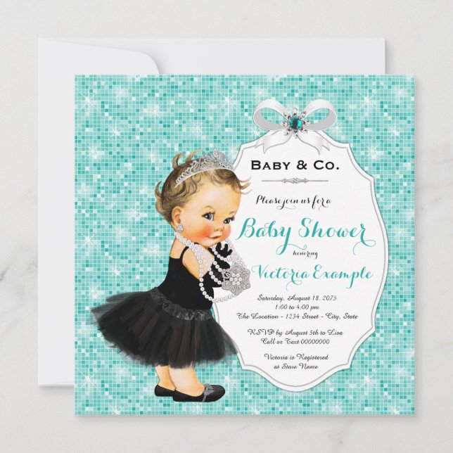 Baby & Co Black Teal Blue Baby Girl Shower Invitation (Front)