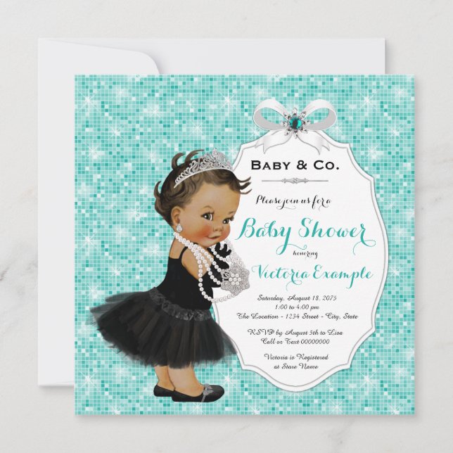 Baby & Co Black Teal Blue Ethnic Baby Girl Shower Invitation (Front)