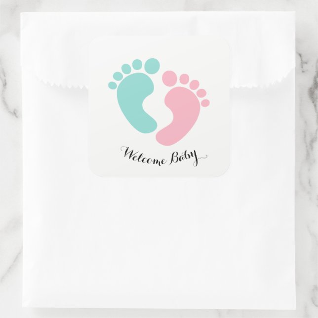 BABY & CO Tiny Footprints Baby Reveal Shower Party Square Sticker (Bag)