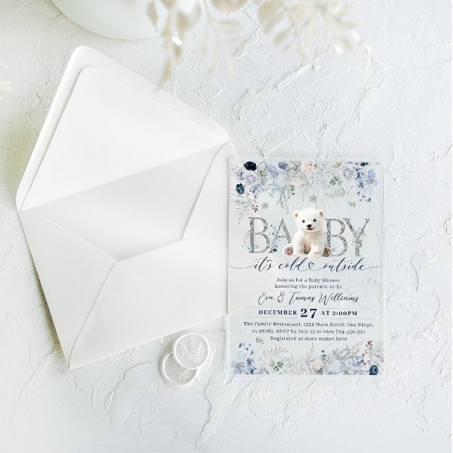 Baby cold outside Floral & Bear Baby Boy Shower Acrylic Invitations (Creator Uploaded)