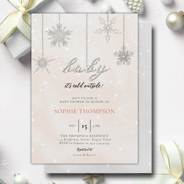 Baby Cold Outside Glitter Snowflakes Girl Shower Invitation (baby its cold outside baby shower invitation rhinestone glitter sparkle snowflakes girl pink elegant)
