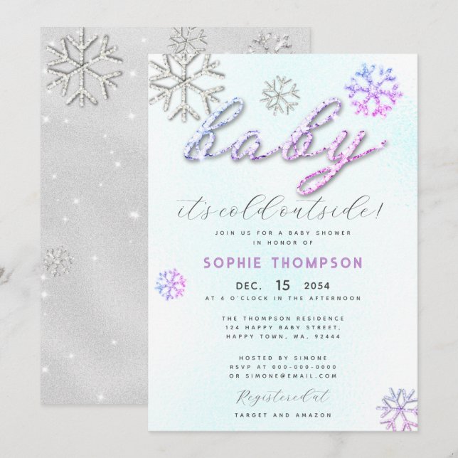 Baby Cold Outside Purple Rhinestones Girl Shower Invitation (Front/Back)