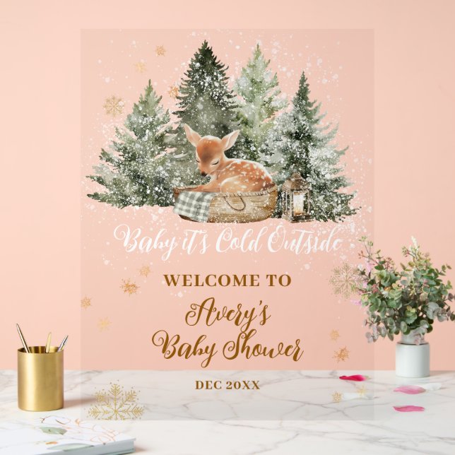 Baby Cold Outside Rustic Deer Winter Baby Shower Acrylic Sign (Wedding)