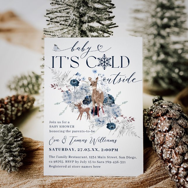 Baby cold outside Winter Floral Deer Baby Shower Invitation (Creator Uploaded)