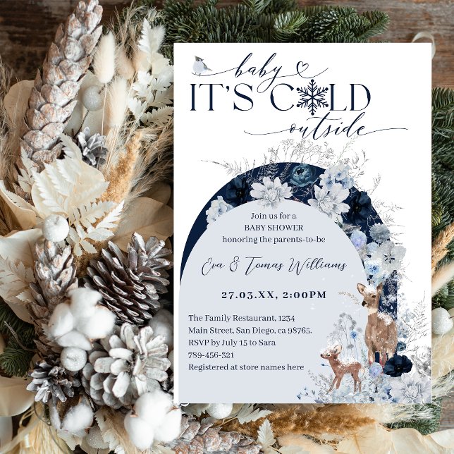 Baby cold outside Winter Floral Deer Baby Shower Invitation (Creator Uploaded)