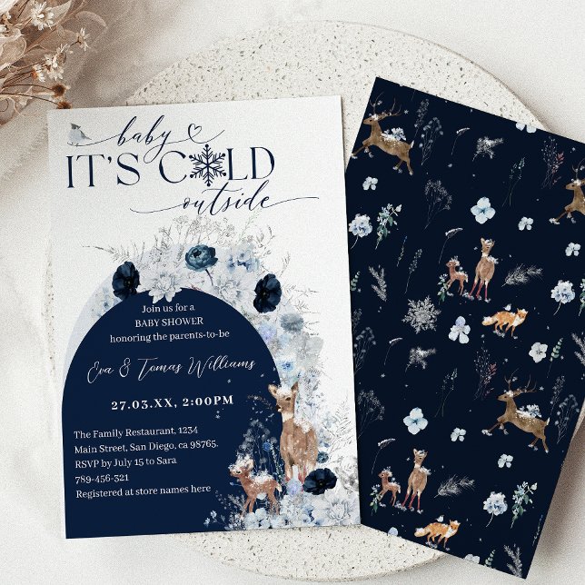 Baby cold outside Winter Floral Deer Baby Shower Invitation (Creator Uploaded)