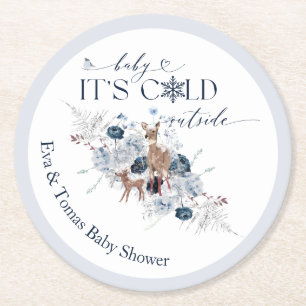 Baby cold outside Winter Floral Deer Baby Shower Round Paper Coaster