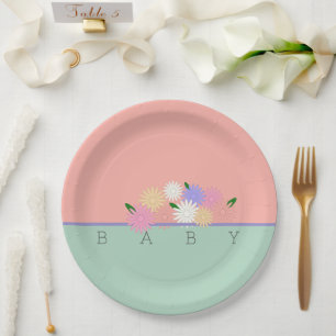 Baby Colourful Daisies on Soft Peach & Jungle Mist Paper Plate