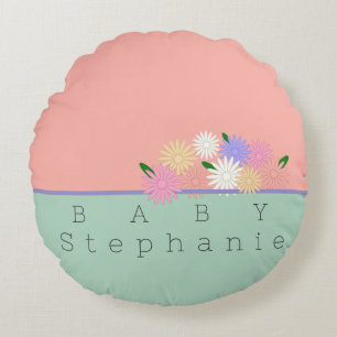 Baby Colourful Daisies on Soft Peach & Jungle Mist Round Cushion