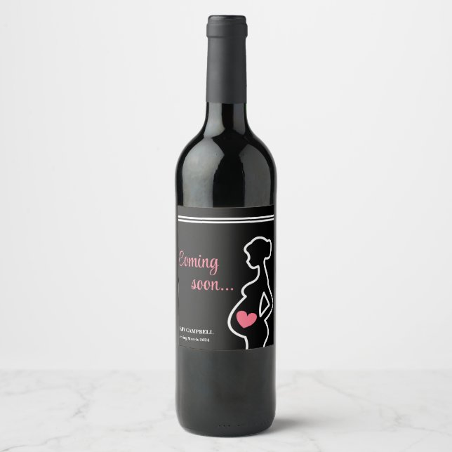 Baby Coming Soon Black Pregnancy Announcement Wine Label (Front)