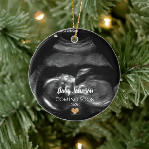 Baby Coming Soon Ultrasound Gold heart  Ceramic Tree Decoration