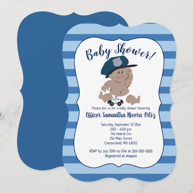 Baby Cop Police Officer Striped Modern Invitation (Front/Back)
