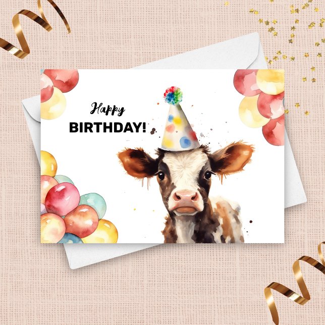 Baby Cow Balloons and Party Hat Farm Birthday  Card (Creator Uploaded)