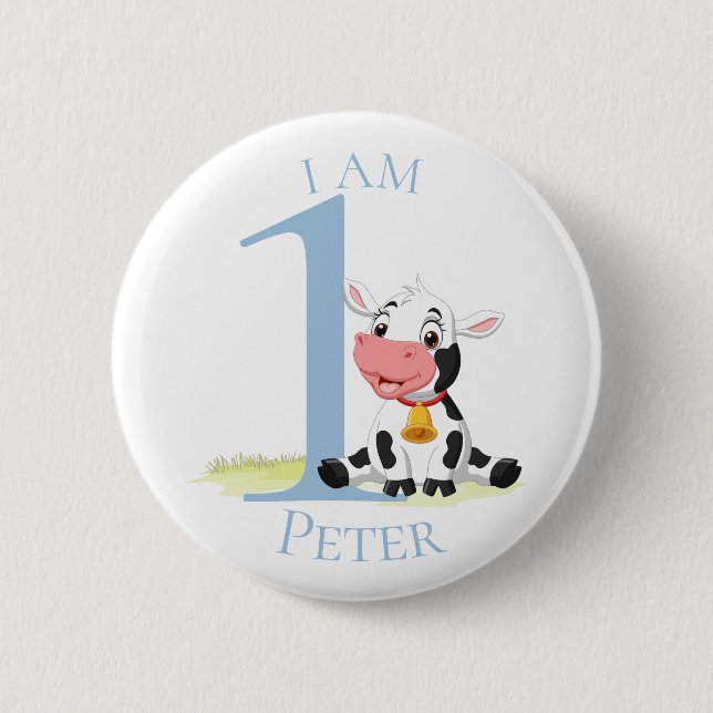 Baby Cow Blue BIRTHDAY Button (Front)