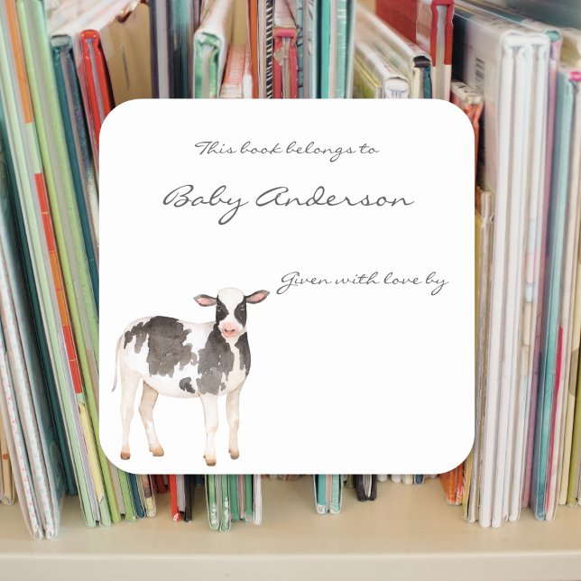 Baby cow calf baby shower bookplate square sticker (Creator Uploaded)