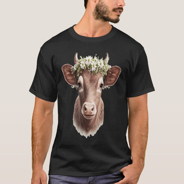 Baby Cow Calf Flower Crown Floral Farm Animal Pet T-Shirt (Front)