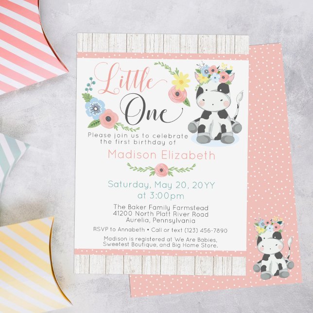 Baby Cow First Birthday Floral Calf on Rustic Wood Invitation (Creator Uploaded)