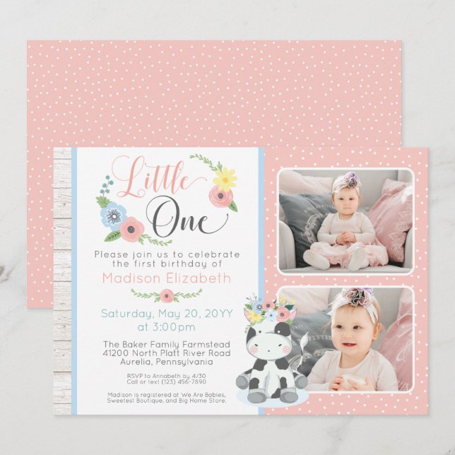 Baby Cow First Birthday Floral Calf Photo Collage Invitation (Front/Back)