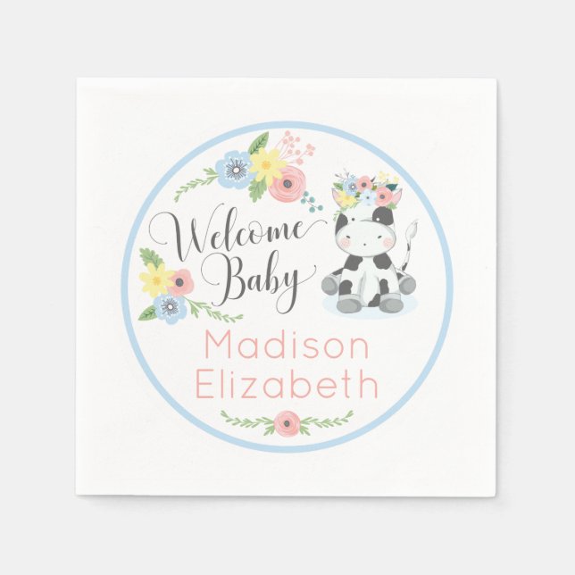 Baby Cow Floral Calf Welcome Baby Shower Party Napkin (Front)